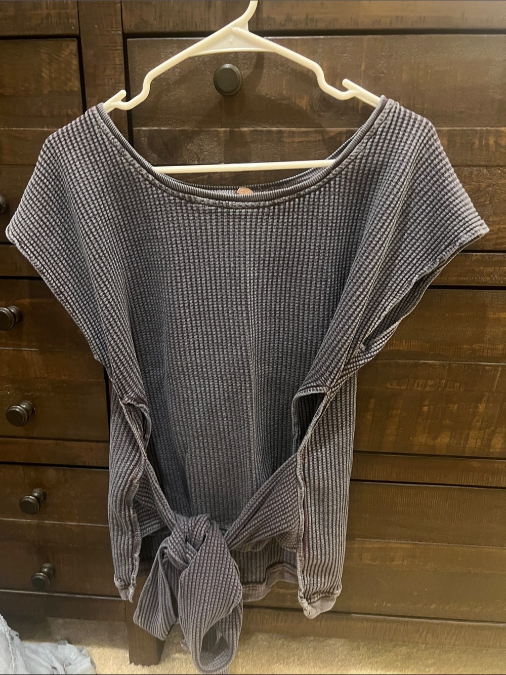 Free People Waffle Knit Tie-Front Top in Charcoal Gray